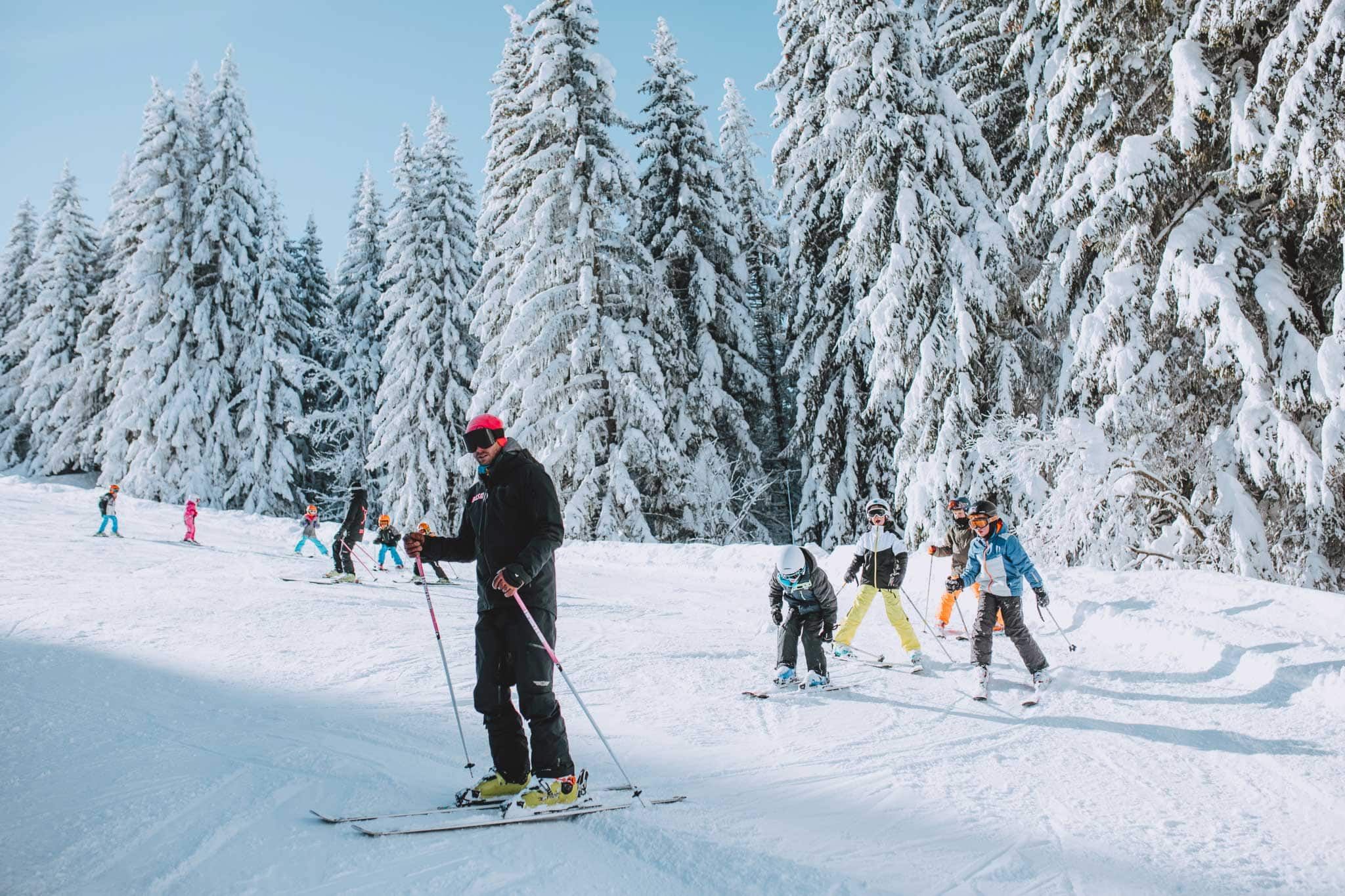 A skier on a groomed piste above Morzine